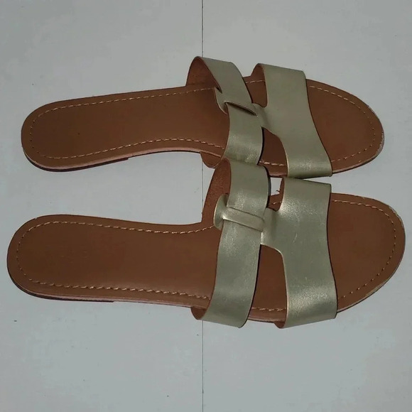 J. Crew Beachside Sandals Slides Gold Size 9 Metallic Womens Shoes Open Toe Flap - Picture 4 of 13
